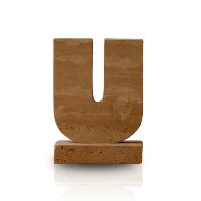 Marleth Neutrals Handmade Travertine Decorative Object For Shelf Styling, Beige & U-shaped Cutout Detail