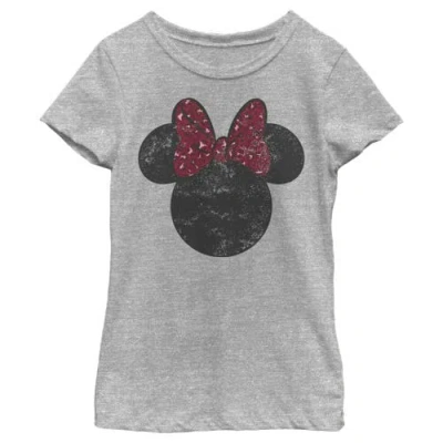 Mickey & Friends Girl's  Minnie Mouse Distressed Leopard Bow  Graphic T-shirt In Gray
