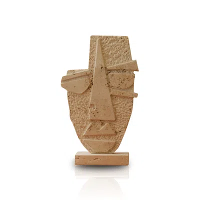 Marleth Neutrals Handmade  Geometric African Mask Travertine Sculpture, Natural Beige