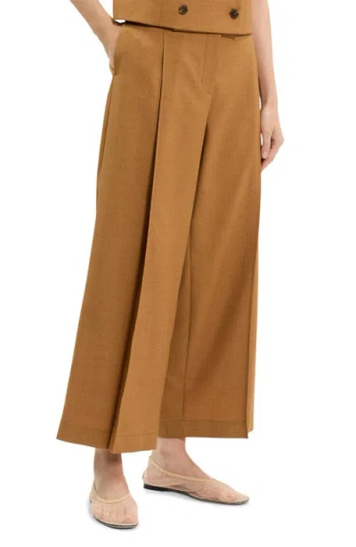 Theory City Pleated High Waist Wide Leg Pants In Brown