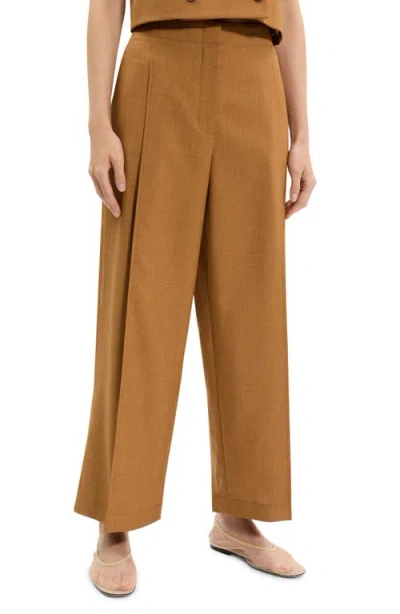 Theory City Pleated High Waist Wide Leg Pants In Brown