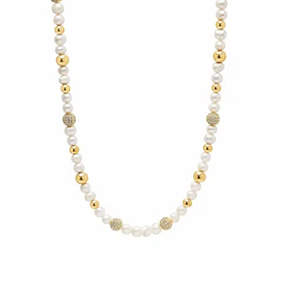Nialaya Men's Gold / White Pearl Necklace With Cz Beads