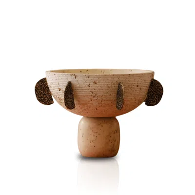 Marleth Neutrals / Brown Handmade Travertine Decorative Bowl,  Beige Stone & Black Crescent Accents
