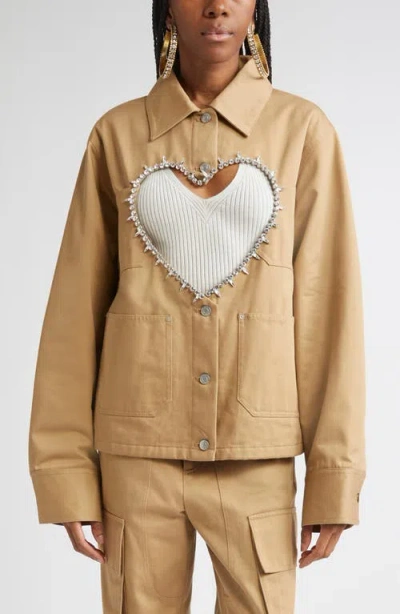 Area Crystal Trim Heart Cutout Cargo Jacket In Neutral