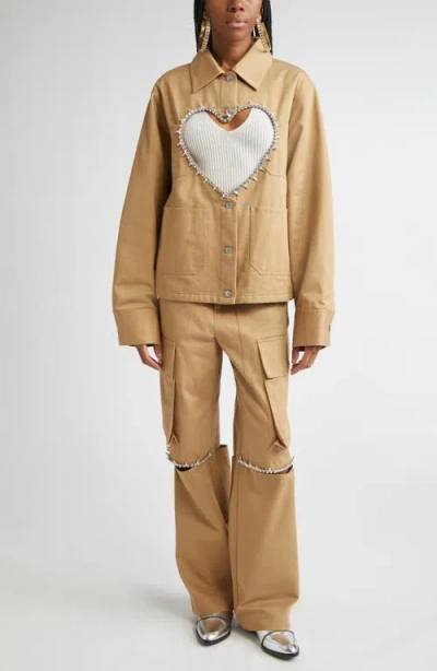 Area Crystal Trim Heart Cutout Cargo Jacket In Neutral