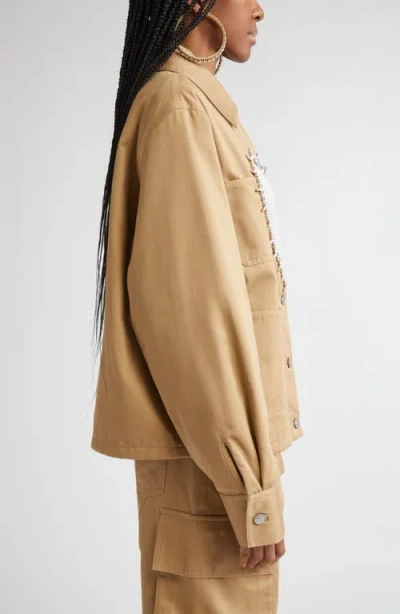Area Crystal Trim Heart Cutout Cargo Jacket In Neutral