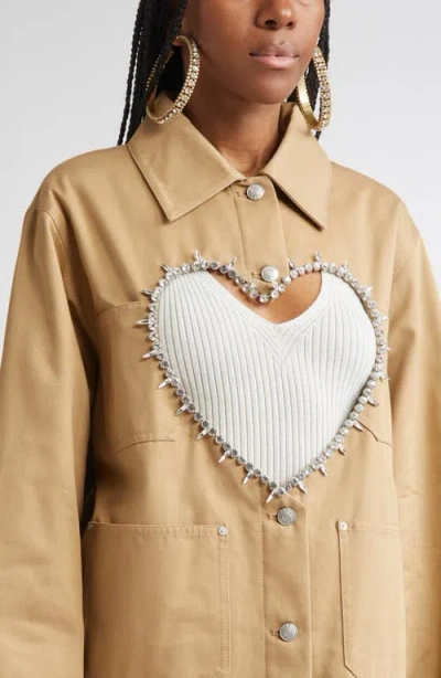 Area Crystal Trim Heart Cutout Cargo Jacket In Neutral