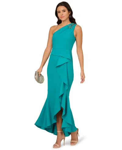 Adrianna Papell Beaded One-shoulder Crepe Gown