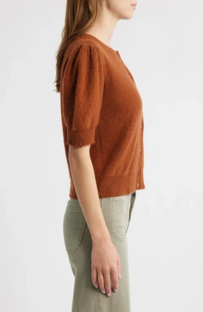 Frame The Cashmere Pointelle Puff Sleeve Cardigan In Brown