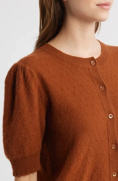 Frame The Cashmere Pointelle Puff Sleeve Cardigan In Brown