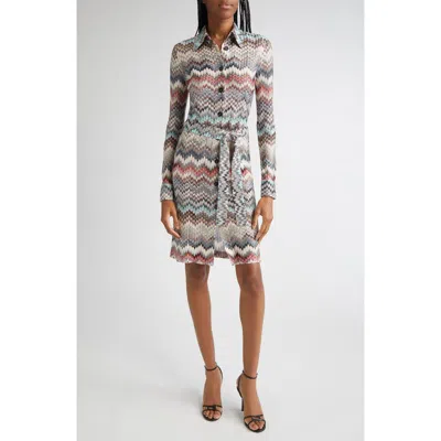 Missoni Zigzag Stripe Belted Long Sleeve Knit Shirtdress In Gray