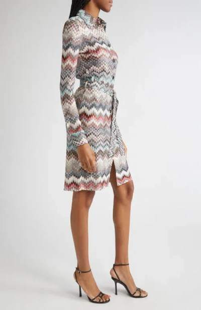 Missoni Zigzag Stripe Belted Long Sleeve Knit Shirtdress In Gray