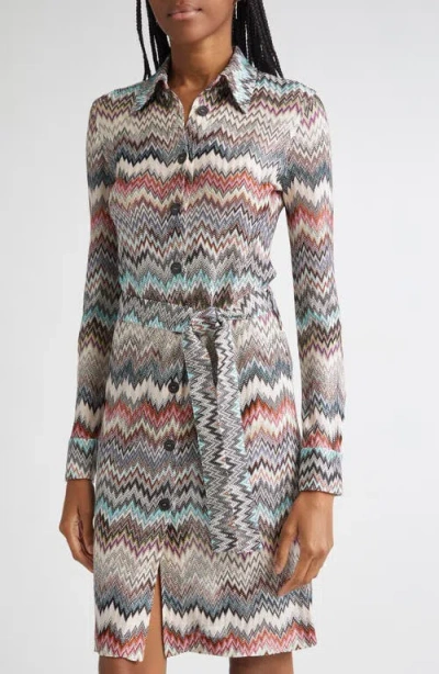 Missoni Zigzag Stripe Belted Long Sleeve Knit Shirtdress In Gray