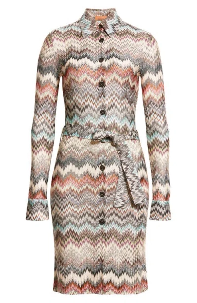 Missoni Zigzag Stripe Belted Long Sleeve Knit Shirtdress In Gray