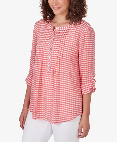 Ruby Rd. Petite Gingham Silky Henley Crew Neck Top
