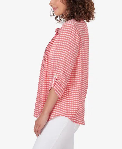 Ruby Rd. Petite Gingham Silky Henley Crew Neck Top