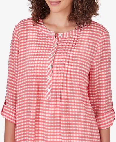 Ruby Rd. Petite Gingham Silky Henley Crew Neck Top
