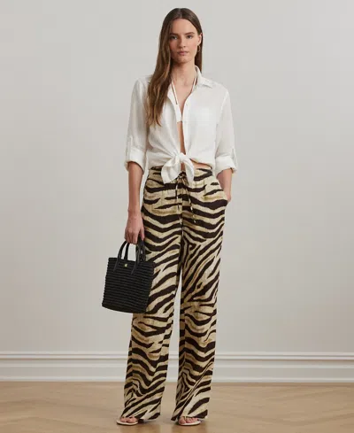 Ralph Lauren Petite Zebra-print Linen Wide-leg Pants In Brown