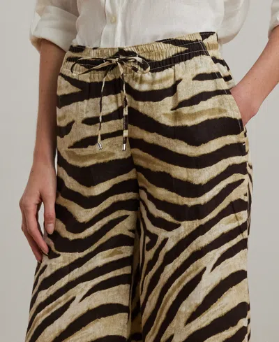 Ralph Lauren Petite Zebra-print Linen Wide-leg Pants In Brown