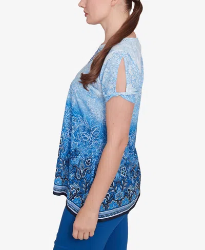 Ruby Rd. Petite Crystal Ombre Cold Shoulder Crew Neck T-shirt In Blue