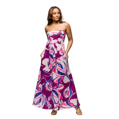24seven Comfort Apparel Maternity Purple Floral A-line Strapless Maxi Dress With Pockets In Purple