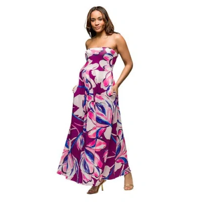 24seven Comfort Apparel Maternity Purple Floral A-line Strapless Maxi Dress With Pockets In Purple