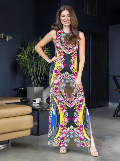 24seven Comfort Apparel Maternity Geometric Floral Print Sleeveless Side Slit Maxi Dress