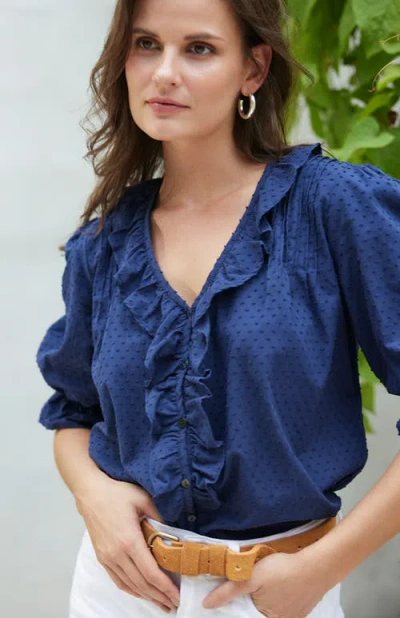 Paneros Clothing Chloe Swiss Dot Ruffle Shirt In Blue