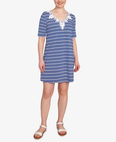 Ruby Rd. Petite Embroidered Stripe Knit Dress In Blue