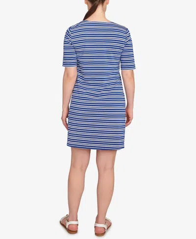 Ruby Rd. Petite Embroidered Stripe Knit Dress In Blue