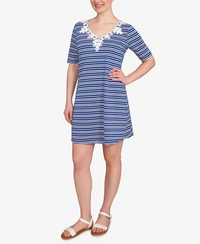 Ruby Rd. Petite Embroidered Stripe Knit Dress In Blue