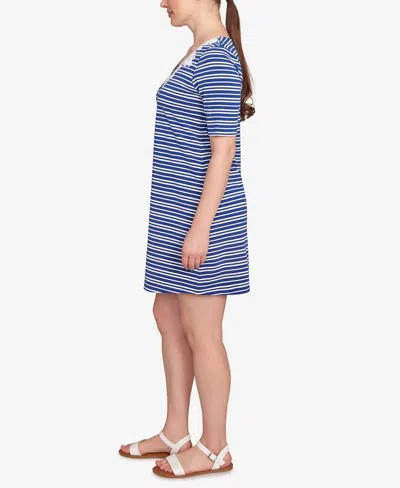 Ruby Rd. Petite Embroidered Stripe Knit Dress In Blue