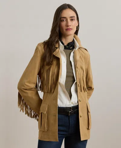 Ralph Lauren Fringe-trim Belted Goat-suede Jacket In Brown