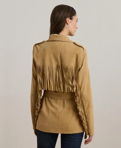 Ralph Lauren Fringe-trim Belted Goat-suede Jacket In Brown