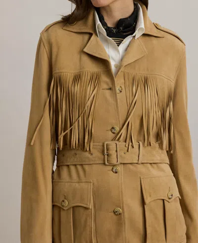 Ralph Lauren Fringe-trim Belted Goat-suede Jacket In Brown