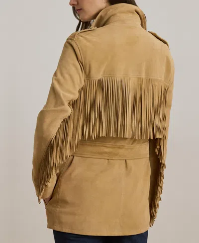 Ralph Lauren Fringe-trim Belted Goat-suede Jacket In Brown