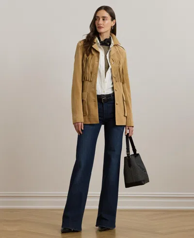 Ralph Lauren Fringe-trim Belted Goat-suede Jacket In Brown