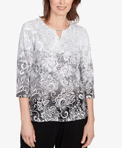 Alfred Dunner Plus Size Ombre Scroll Split Beaded Neck Top In Gray