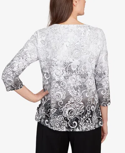 Alfred Dunner Plus Size Ombre Scroll Split Beaded Neck Top In Gray