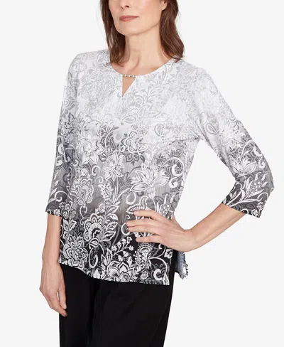 Alfred Dunner Plus Size Ombre Scroll Split Beaded Neck Top In Gray