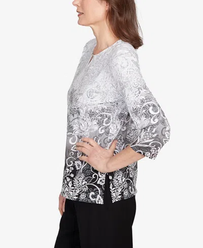 Alfred Dunner Plus Size Ombre Scroll Split Beaded Neck Top In Gray