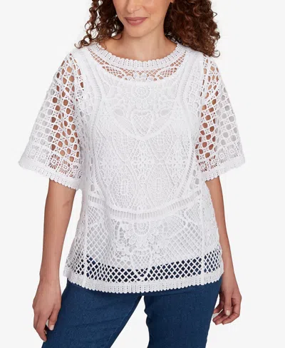 Ruby Rd. Petite Floral Blocked Crochet Sweater