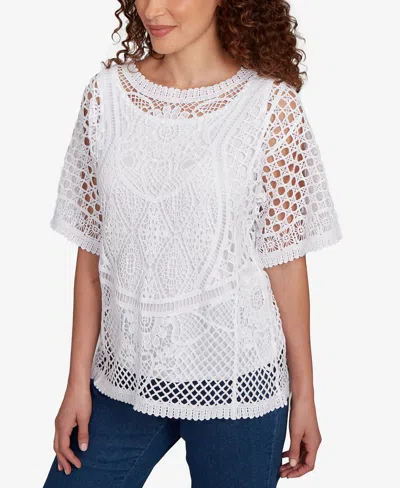 Ruby Rd. Petite Floral Blocked Crochet Sweater