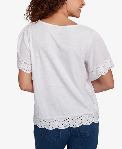 Ruby Rd. Petite Embroidered Sleeve Solid T-shirt In White