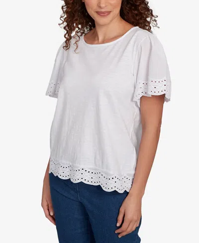 Ruby Rd. Petite Embroidered Sleeve Solid T-shirt In White