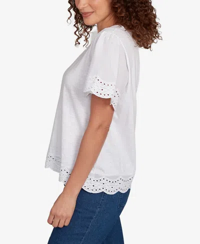 Ruby Rd. Petite Embroidered Sleeve Solid T-shirt In White