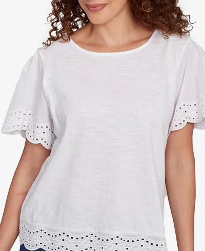 Ruby Rd. Petite Embroidered Sleeve Solid T-shirt In White