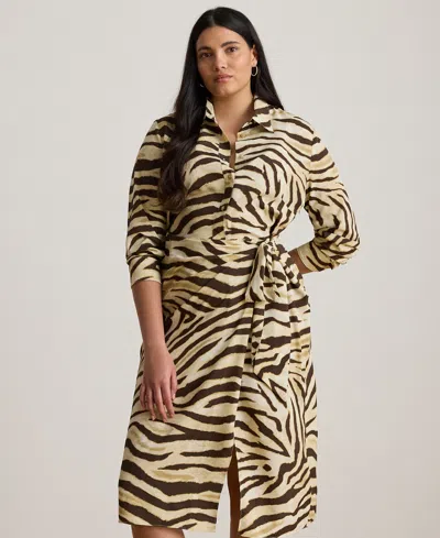 Ralph Lauren Plus Size Zebra-print Tie-front Crepe Shirtdress In Neutral