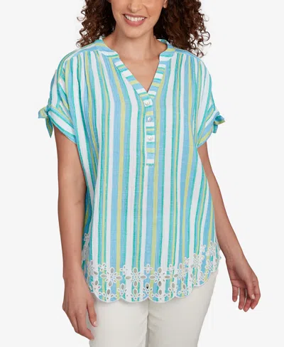 Ruby Rd. Petite Scalloped Stripe Embroidered Tie Sleeve Top In Green