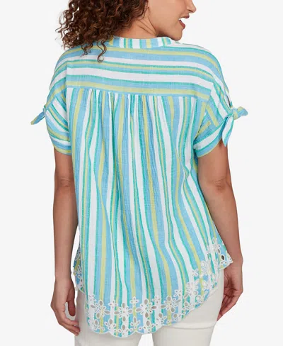 Ruby Rd. Petite Scalloped Stripe Embroidered Tie Sleeve Top In Green